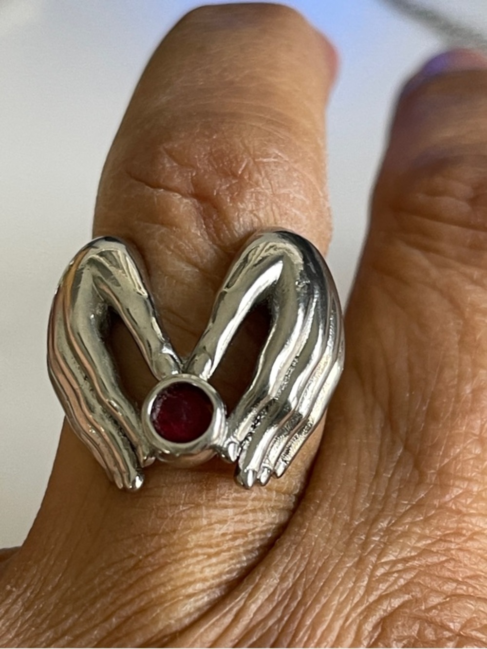 Silver Hands Ring with Red Gem - Women Jewelry